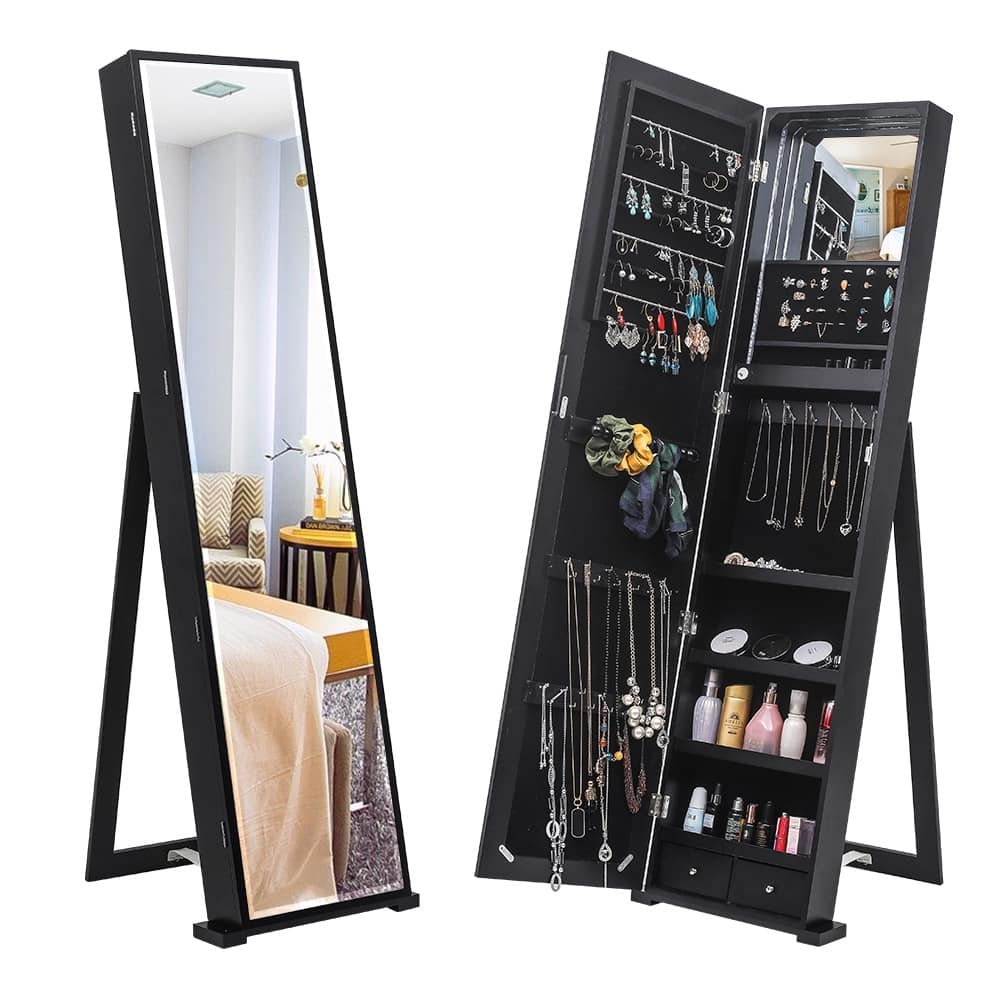 Mirror Jewelry Cabinet Armoire, Freestanding Lockable Storage Organizer