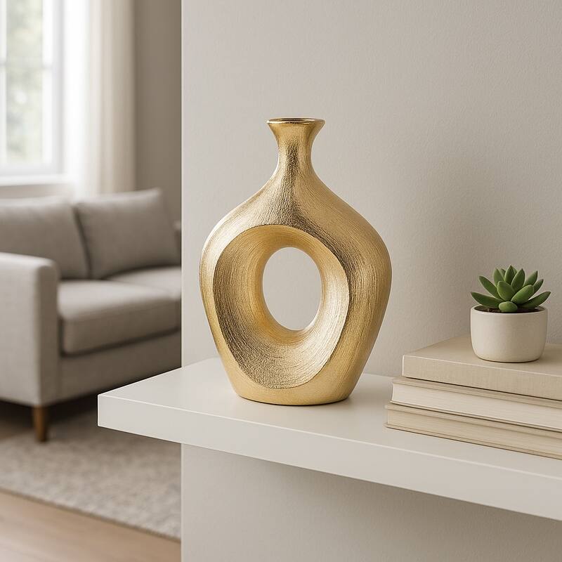 Modern Ceramic Textured Oval Cut-Out Vase - Home Decor - 13"