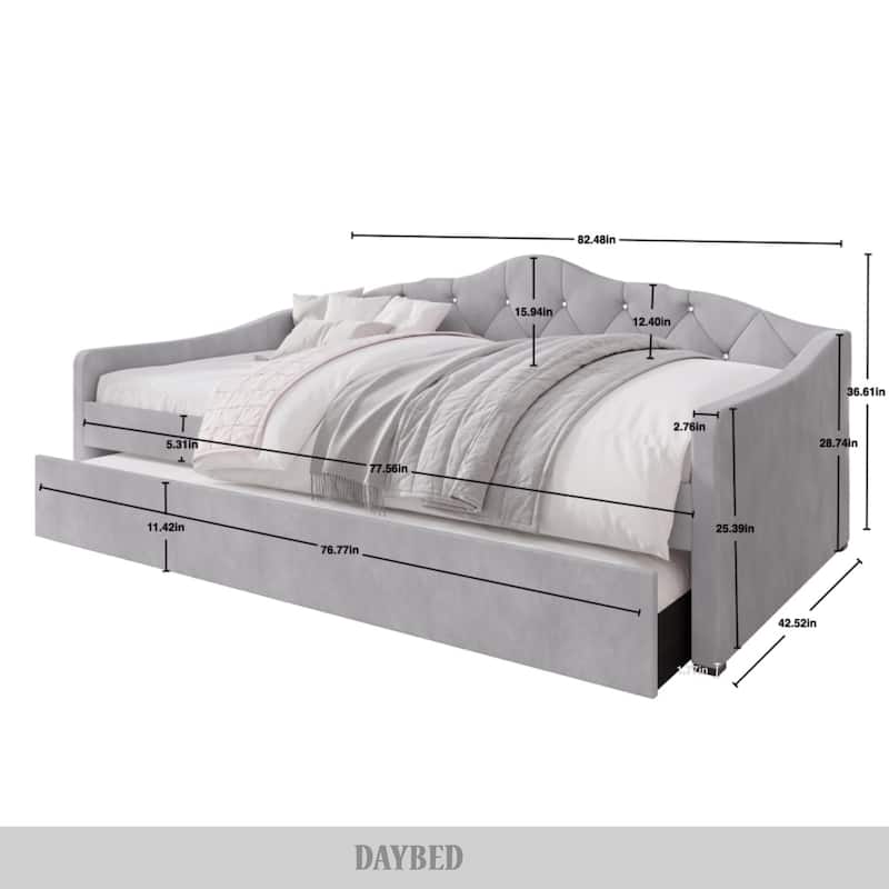 CraftPorch Glam Velvet, Crystal Button Tufted Twin Daybed with Trundle
