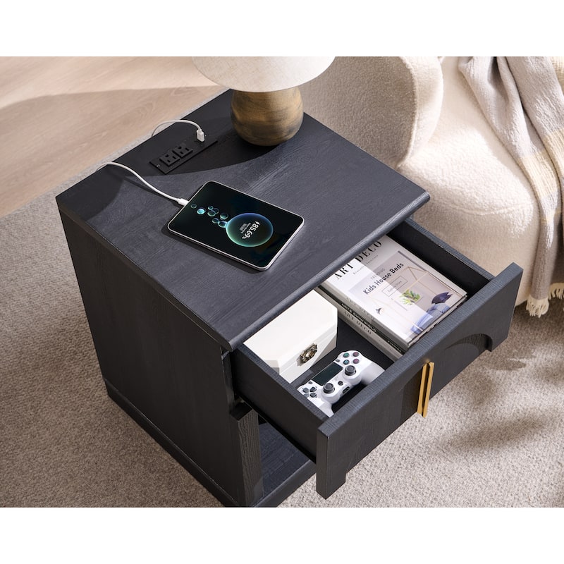 Modern Nightstand Set of 2, Bedside Table with Charging Station