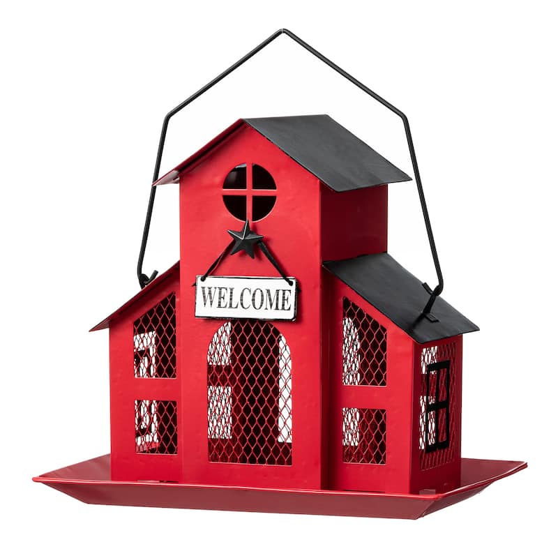 Glitzhome 12"H Metal Red House Hanging Birdfeeder