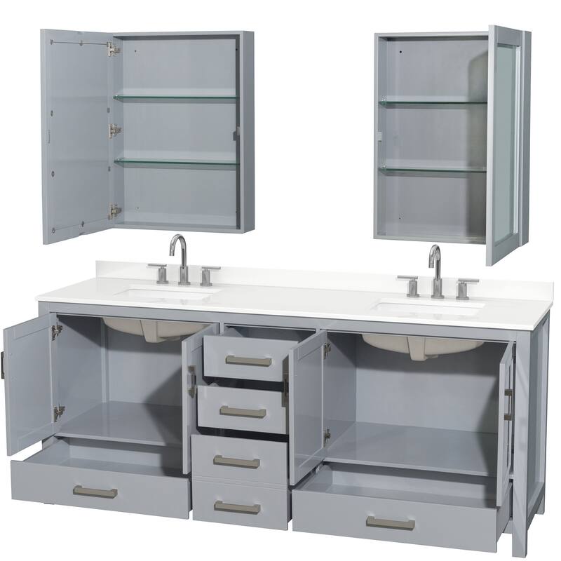 Sheffield 80-inch Double Vanity, 3 Hole Quartz Top, Med Cabinets