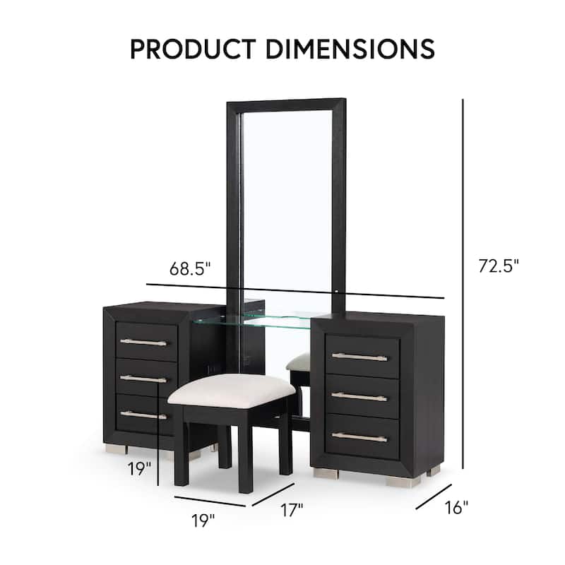 Furniture of America Alaric Modern Black Solid Wood 69-inch Makeup Vanity, Dresser and 2 Nightstands Bedroom Set