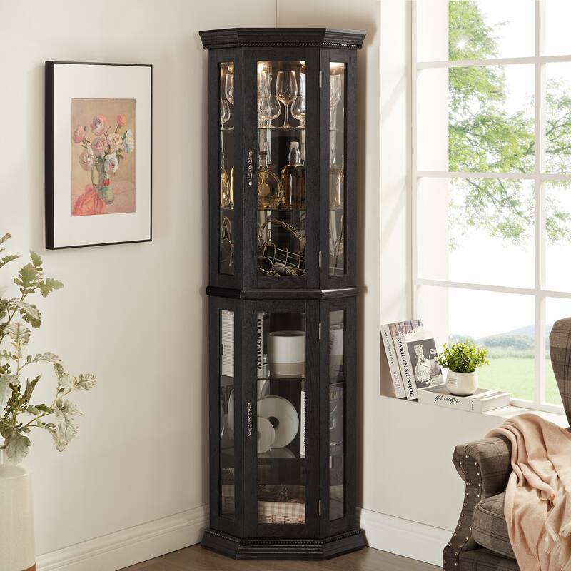 GDFStudio - Traditional Storage Corner Curio Cabinet with Lighted Glass Shelves - Black