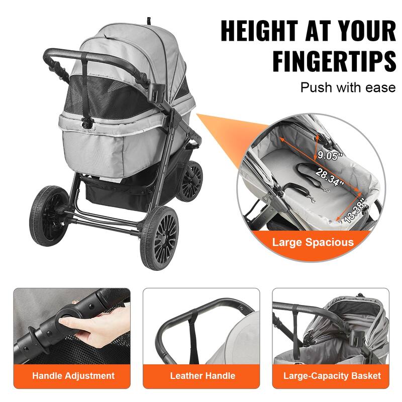 Pet Stroller with Breathable Mesh Windows and Height-Adjustable Height