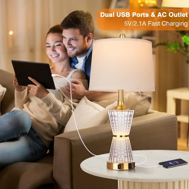 Gold Acrylic Night-light Table Lamp 2in1 with 2 USB Charging Ports An AC Outlet Rotary Switch & Rocker Switch (Set of 2)