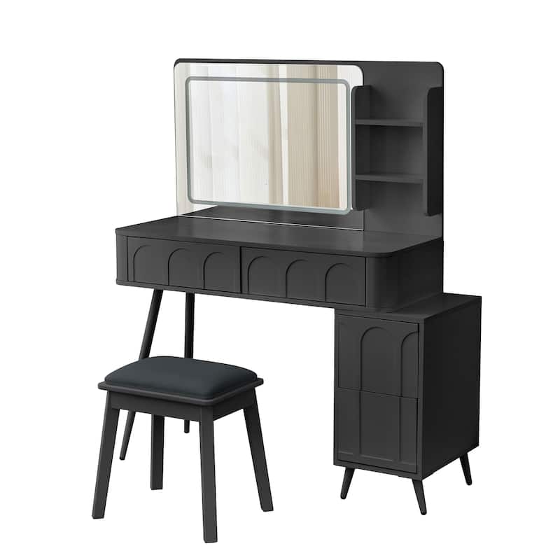 Modern 3 Colors LED Makeup Vanity Desk with Mirror, 4 Drawers and Stool - Black