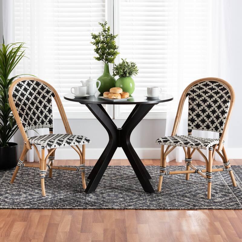 Ambre Modern French Black and White Weaving Natural Rattan 2-Piece Bistro Chair Set