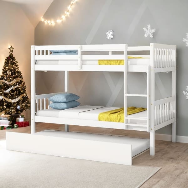 slide 2 of 70, Twin Over Twin Rubber Wood Bunk Bed with Trundle, Convertible into 2 Twin Size Beds White