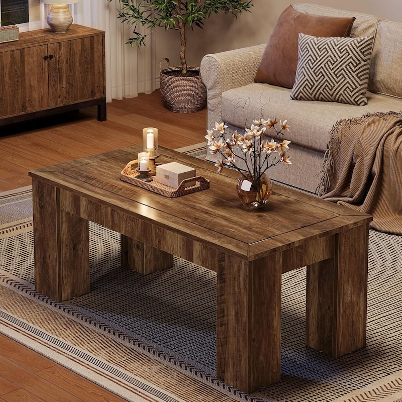 47-Inch Rectangle Engineered Wood Coffee Table with Sturdy Legs, Farmhouse Center Cocktail Table for Living Room
