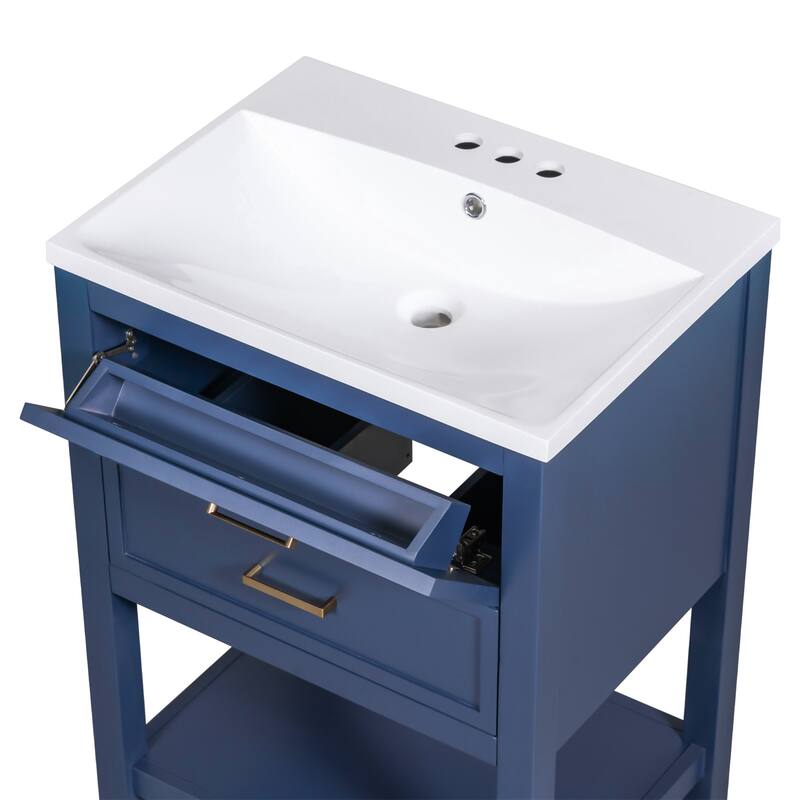 Blue and Gold Bathroom Vanity with Resin Basin Sink, U-Shaped Drawer, Textured Hardware, Storage Cabinet - 24in L MDF