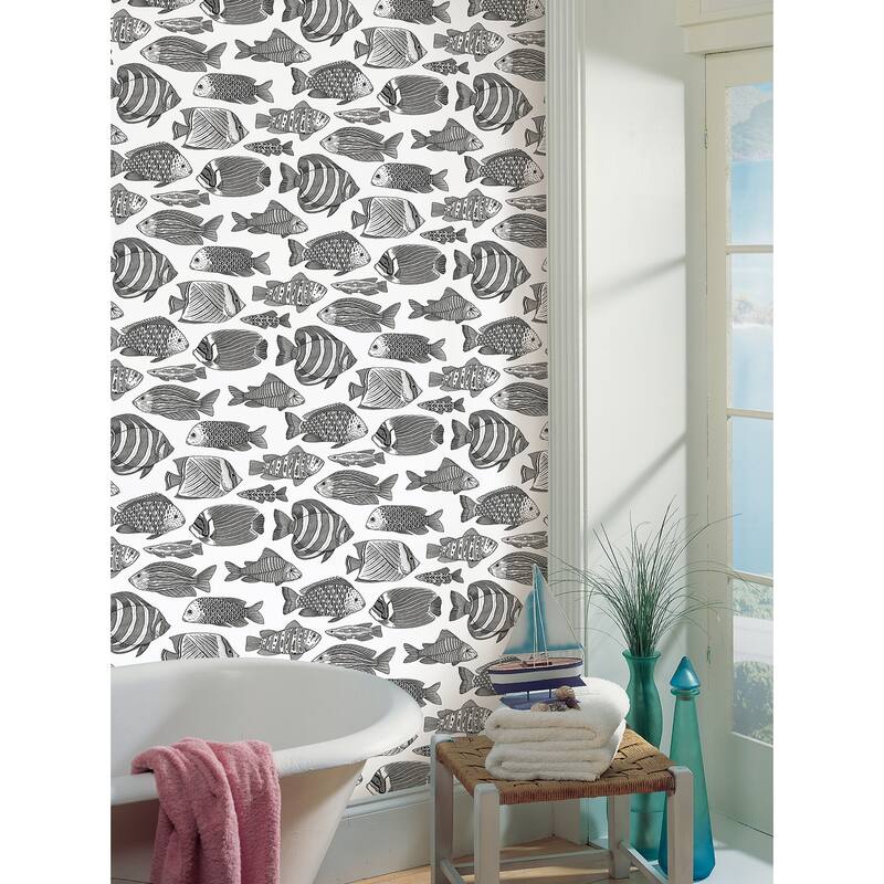 A-Street Prints Wailea Black Tropical School Wallpaper