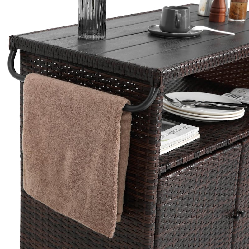 Outdoor Wicker Bar Cart with Glass Countertop, Rolling Rattan Beverage Bar Counter Table on Wheels for Porch, Backyard, Garden