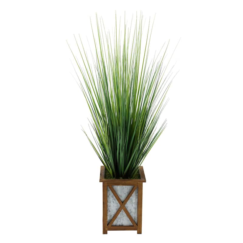 Faux PVC Grass in Short Wood/ Metal Planter