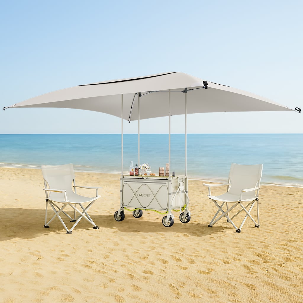 Foldable Camping Cart with Adjustable Handle, Bamboo Tabletop, Foldable storage, and Waterproof Oxford Canopy