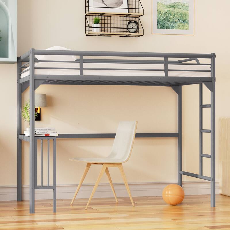 Metal Twin Loft Bed with Desk, Loft Bed Kids Bed, Bedroom High Loft Bed Frame with Ladder and Safety Guardrails, Twin Size Bed