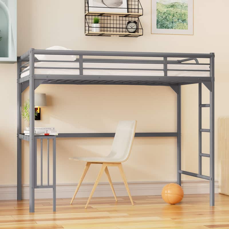 Silver Twin Size Metal loft Bed with Desk, Ladder and Guardrails, Bookdesk under Bed for Bedroom