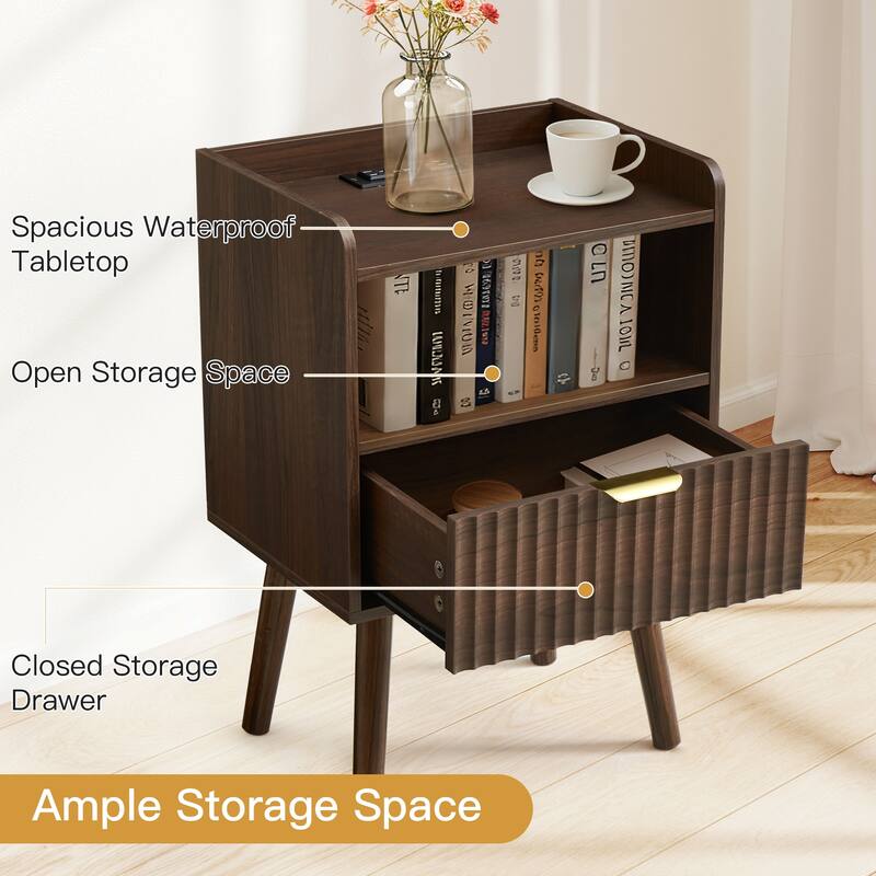 Modern Fluted Nightstand Set of 2 with USB Charging Station, Drawer and Open Storage Shelf