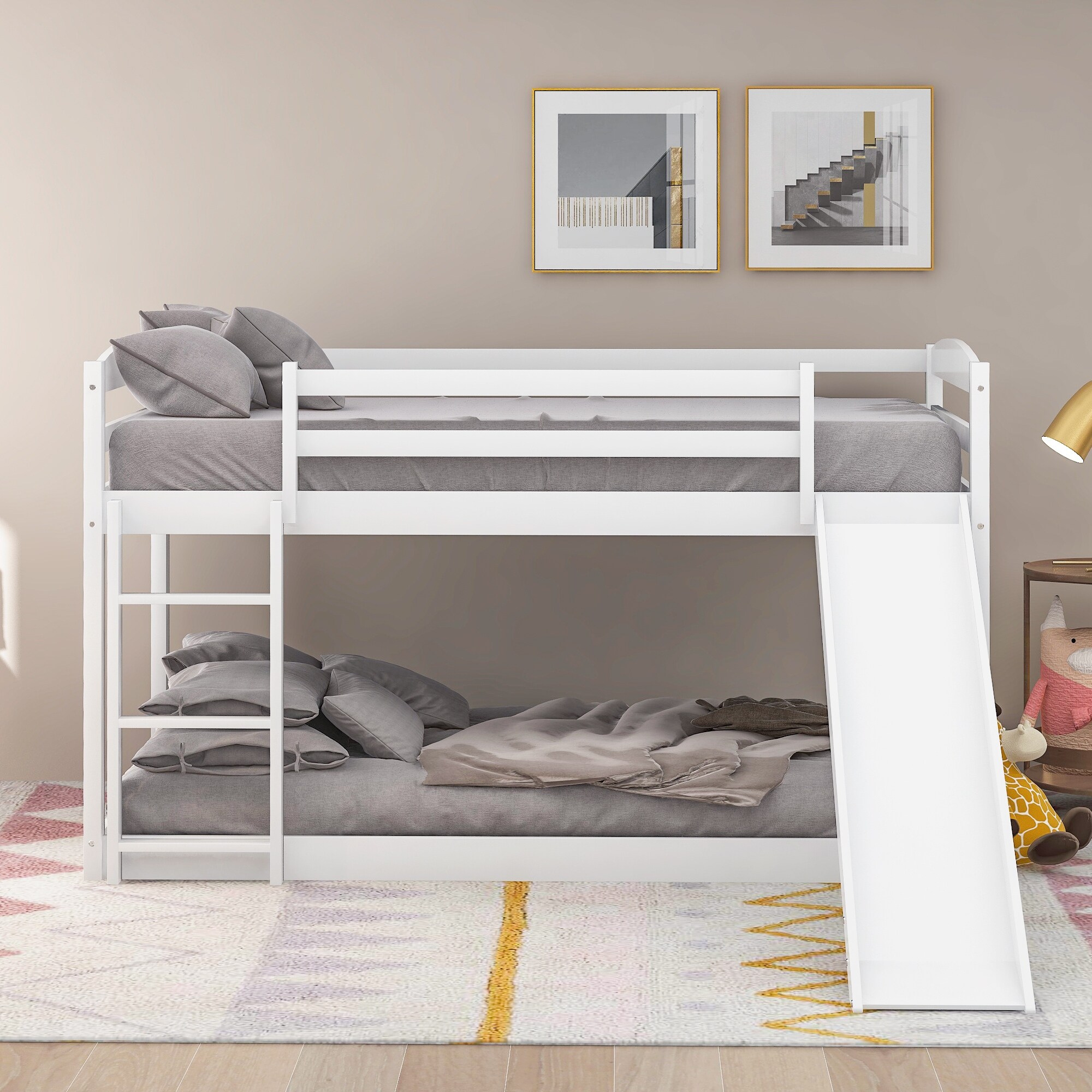 Gray Modern Urban Twin over Twin Wood Bunk Bed Low Loft Bed with