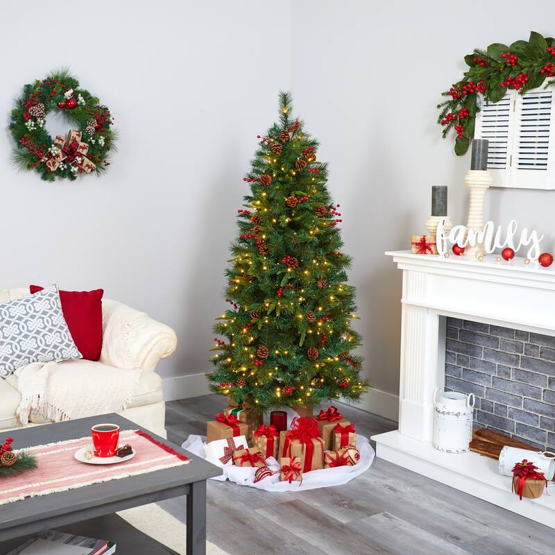 6’ Pinecone & Berry Pine Artificial Christmas Tree, Clear LED Lights - 6 Foot
