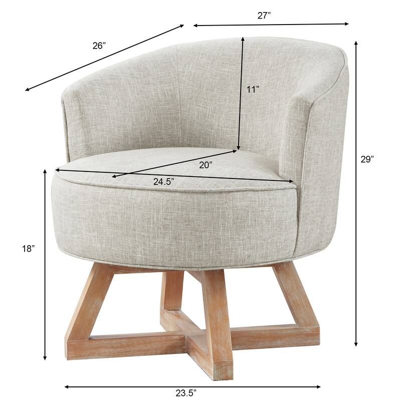 Light Gray Modern 27" Linen Upholstered 360° Swivel Barrel Chair with Cross-Shaped Base and Solid Wood Legs