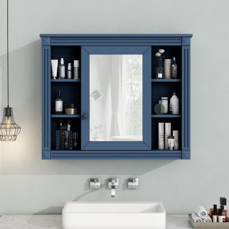 Wall Mounted Bathroom Storage Cabinet with Mirror, 6 Open Shelves