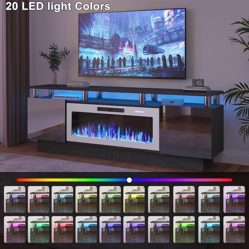 BOSSIN 70" Modern Electric Fireplace TV Stand, with Electronic Flame and LED Lights, High Gloss Finish Entertainment Center