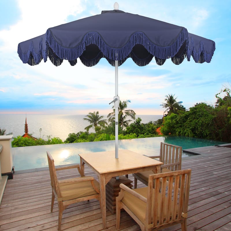 9ft Tassel Patio Umbrella Auto-Tilt, Crank , by JONATHAN Y - Navy/Blue