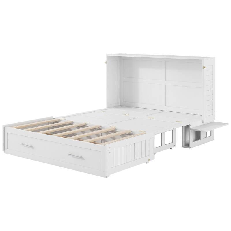 Queen Size Mobile Murphy Bed with Drawer & Shelves on Each Side, White Pine Frame, Space-Saving Design, No Box Spring Required