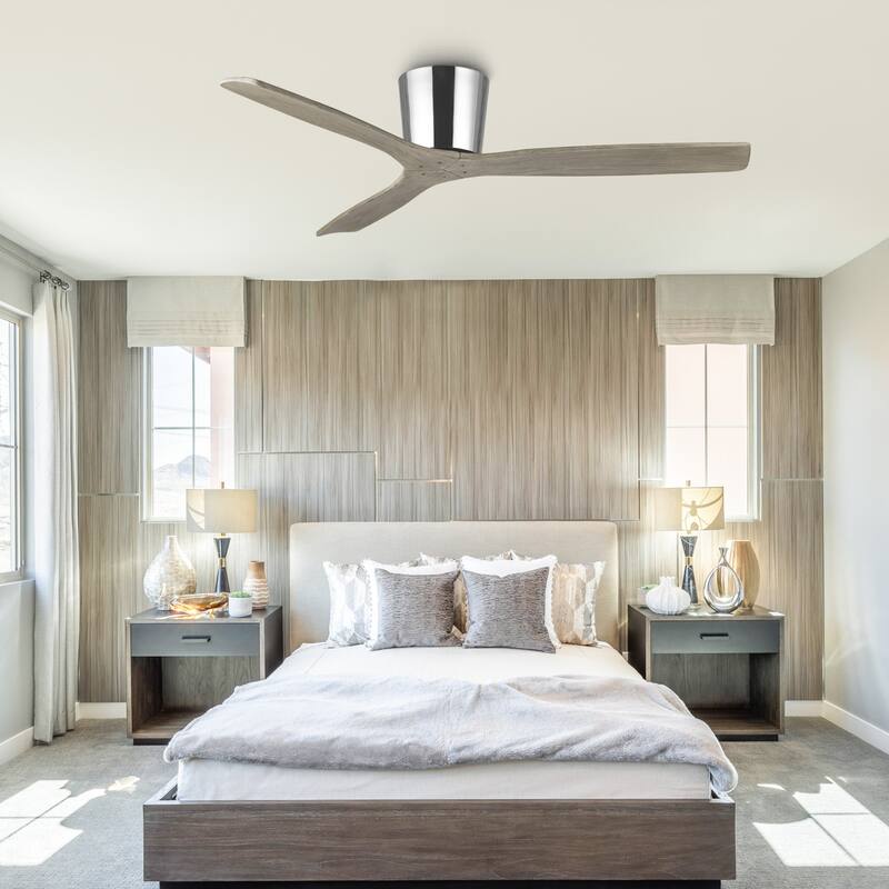 54" Transitional Solid Wood 3-Blade Chrome Flush Mount Ceiling Fan with Remote, No Light