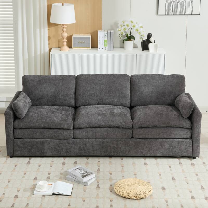 Modern Chenille Comfy Upholstered 3-Seat Sofa, Comfy Cloud 3-seater Sofa w2 Lumbar Pillow Plush Cushion Sofa Couch