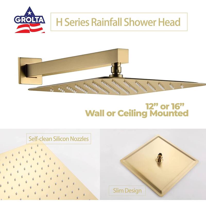 12" In Wall Rainfall 3 Way Thermostatic Shower System w/ Slide Bar, 6 Jets