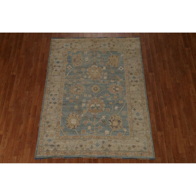 Vegetable Dye Blue Oushak Turkish Area Rug Hand-knotted Wool Carpet - 5'3" x 7'0"