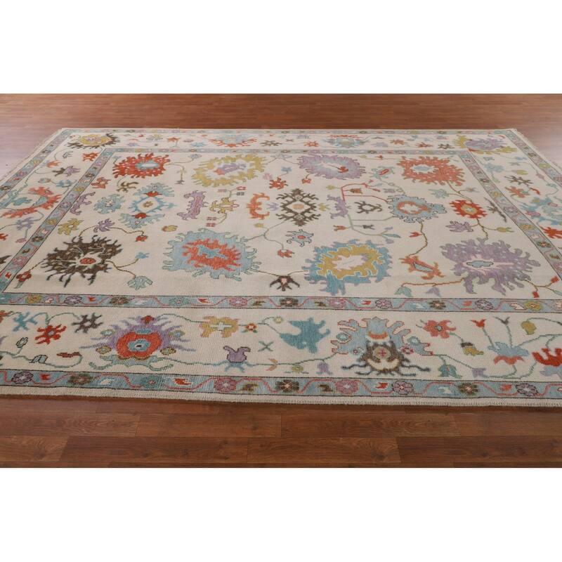 Beige Transitional Floral Oushak Area Rug Hand-Knotted Wool Carpet - 8'9" x 12'0"