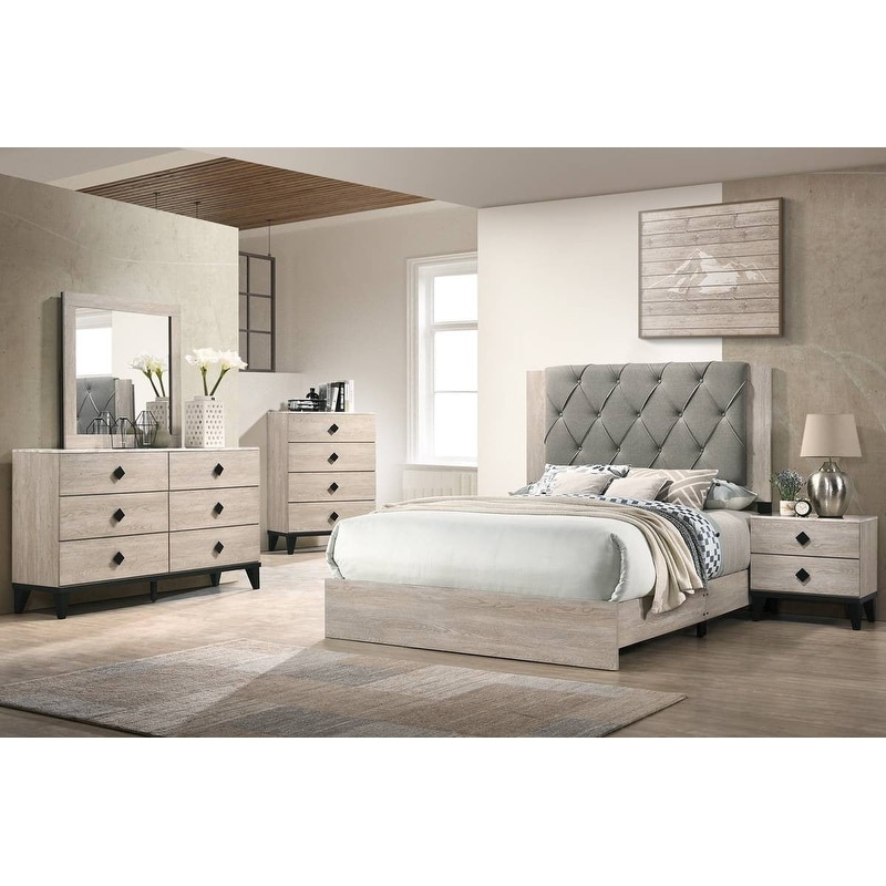 Modern Style Bed Set Diamond Shaped Knobs Platform Bed Tufted Headboard Cream Finish Bedroom Furniture