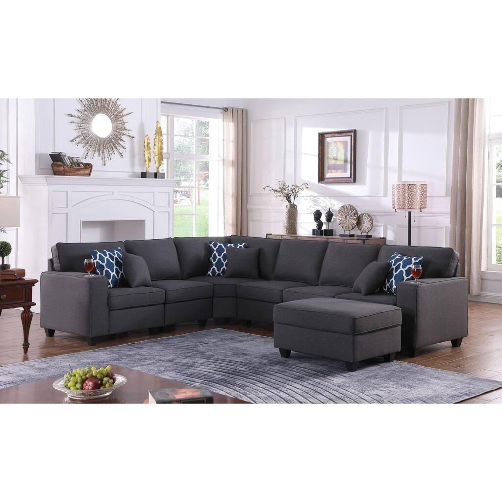 7 Piece Upholstered L-Shape Sectional Sofa with Ottoman in Dark Gray