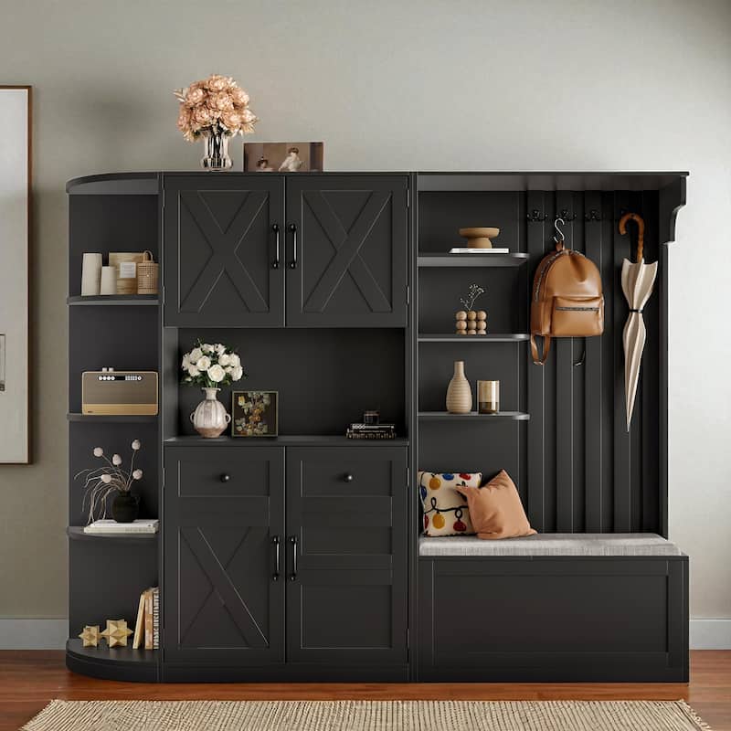 Modular Hall Cabinet & Hall Tree, Left-Right Set with 4 Hooks, L-Shape or Separate, Entryway Storage, 79.1 x 15.4 x 66.1 in - Black