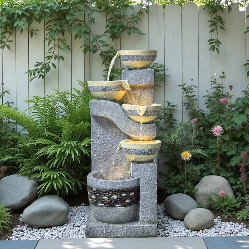 Stone-Texture Weather Resistant Garden Polyresin 3-Tier Cascading Waterfall Fountain