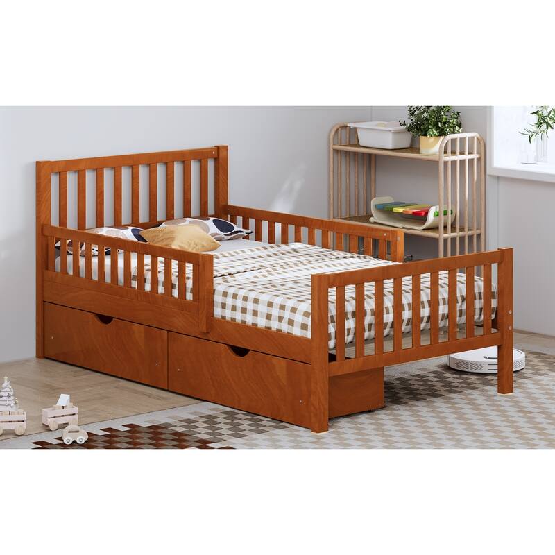 Twin Size Wood Platform Bed with Guardrails on Both Sides and Two Storage Drawers, Walnut
