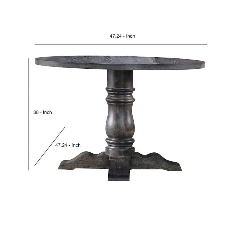 Wooden Round Dining Table With Heavy Pedestal Feet, Weathered Gray