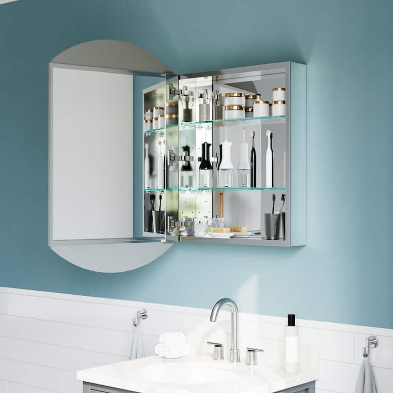 20x32" Tri-View Mirrored Medicine Cabinet, Soft-Close Blum Hinges, Reversible Door, Recess/Surface Mount, Aluminum Body
