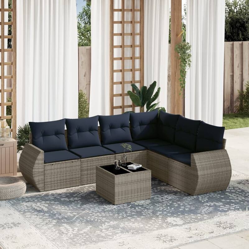 vidaXL 7 Piece Patio Sofa Set with Cushions Gray Poly Rattan - 117.8x27.2x73.7