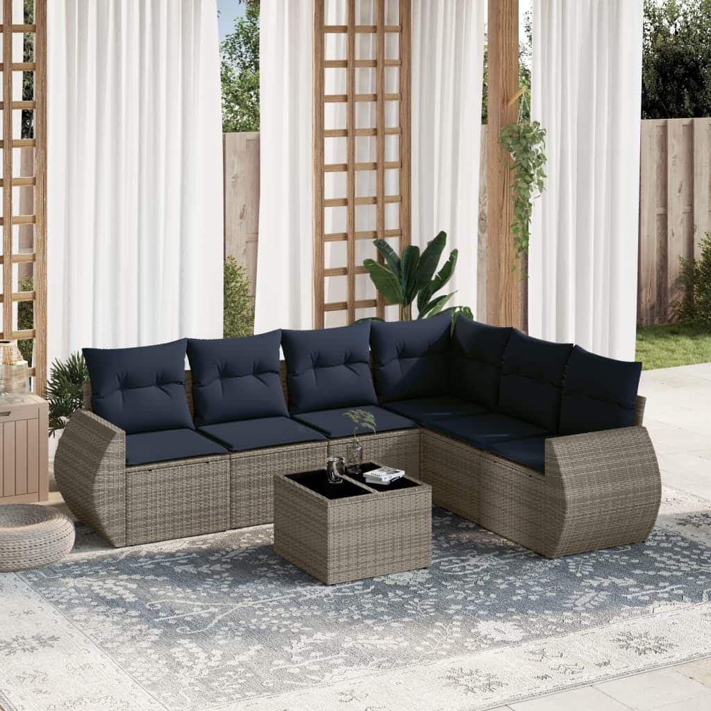 vidaXL 7 Piece Patio Sofa Set with Cushions Gray Poly Rattan - 117.8x27.2x73.7