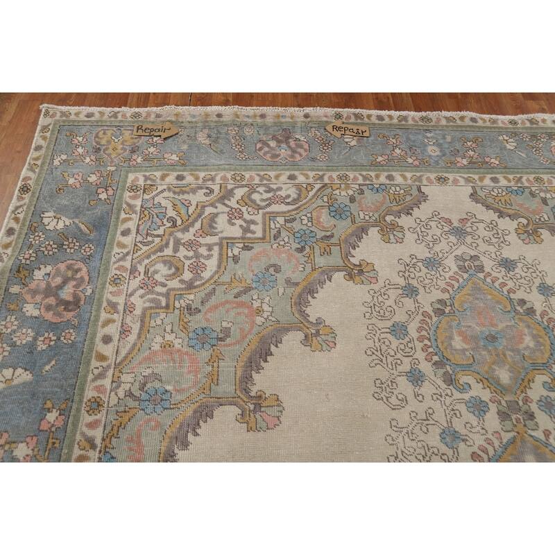 Geometric Tabriz Persian Area Rug Hand-Knotted Beige Wool Carpet - 9'10"x 12'6"