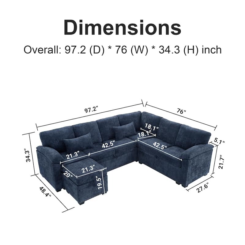 L-Shaped Chenille Sectional Sofa with Pull-Out Bed, Upholstered Convertible 7-Seater Sofa with Storage Ottoman & 2 Pillows