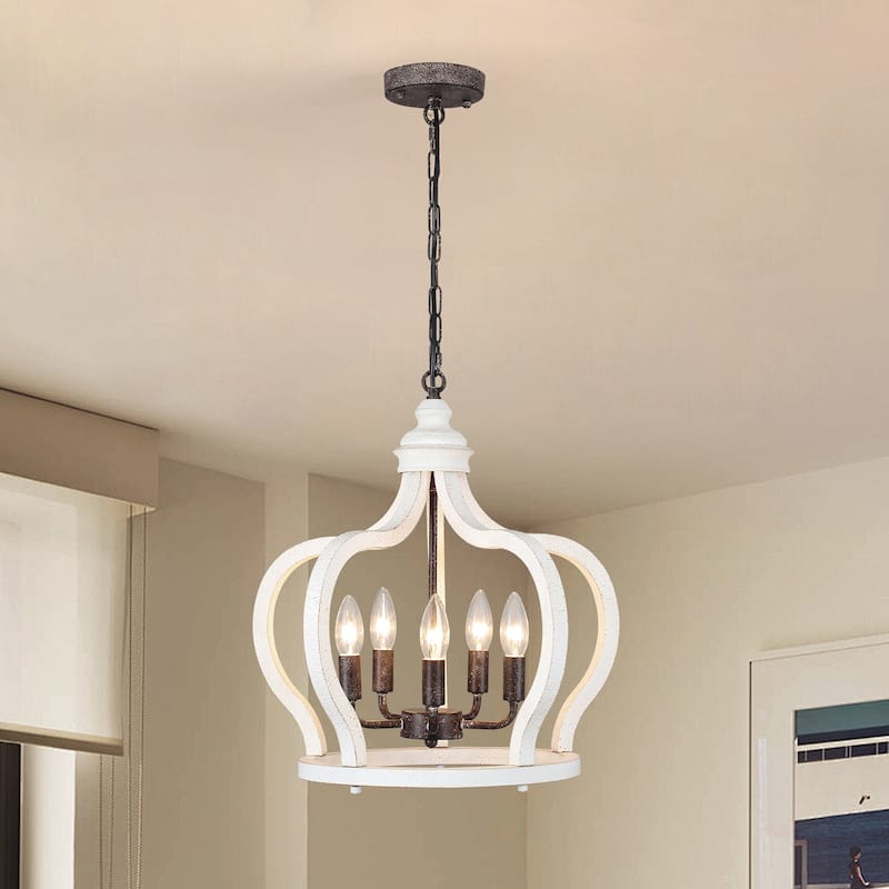 5-Light Candlestick Crown Hanging Linear Chandelier Lighting Fixture for Kitchen Island - Black and White