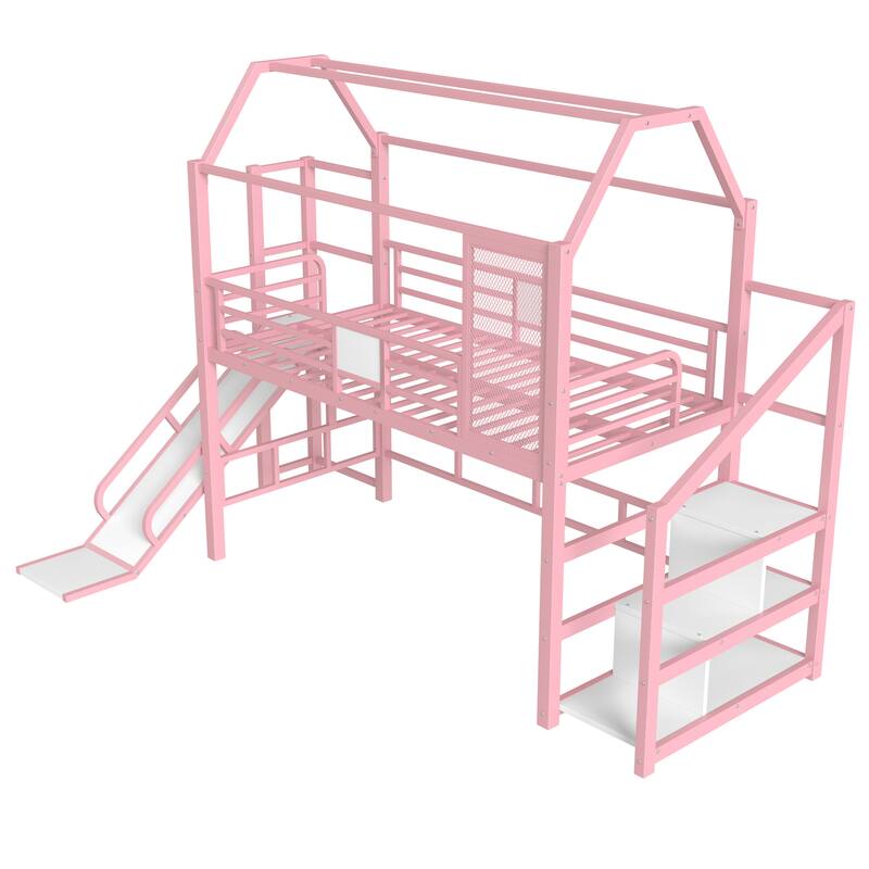 Pink Twin Metal Loft Bed with Slide, Stairs, and Storage Shelves, House-Shaped Design, Noise-Free