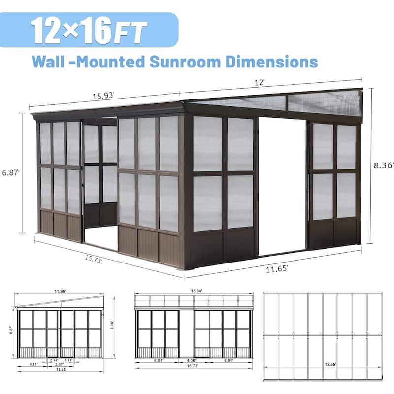 Outdoor Wall Mounted Solarium with Detachable Windows, Aluminum Lean to Gazebo Sun Room