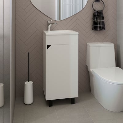 Wide One-Door Cabinet, Free Standing Vanity With Resin Sink And Two Shelves, Bathroom Storage,White