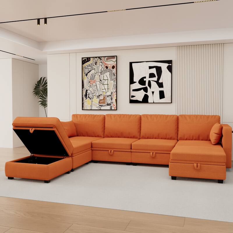 6-Seat U-Shaped Modular Reversible Sectional Sofa with Storage Ottoman - Orange